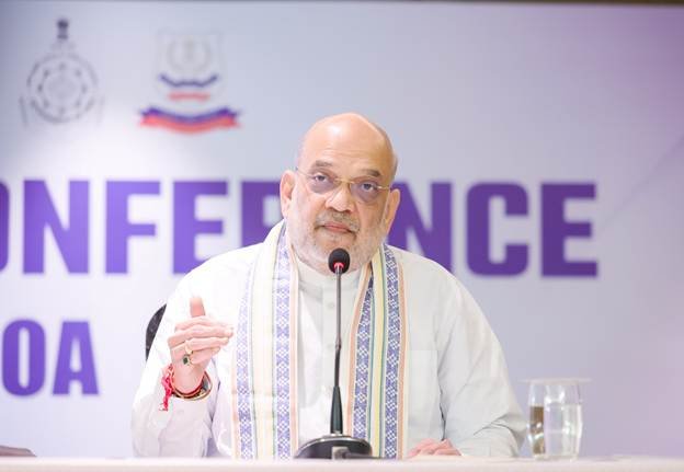 Amit Shah addresses a press conference on narcotics control in Panaji, the capital of Goa