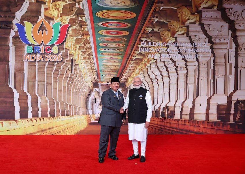 PM Modi Welcomes BRICS Leaders at Bharat Mandapam with Rameswaram Temple as Backdrop