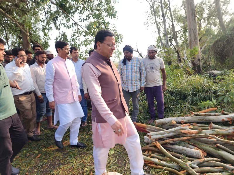 CM Dhami Conducts Aerial Survey and Ground Inspection of Hailstorm-Hit Farms in Bajpur, Assures Farmers of Assistance